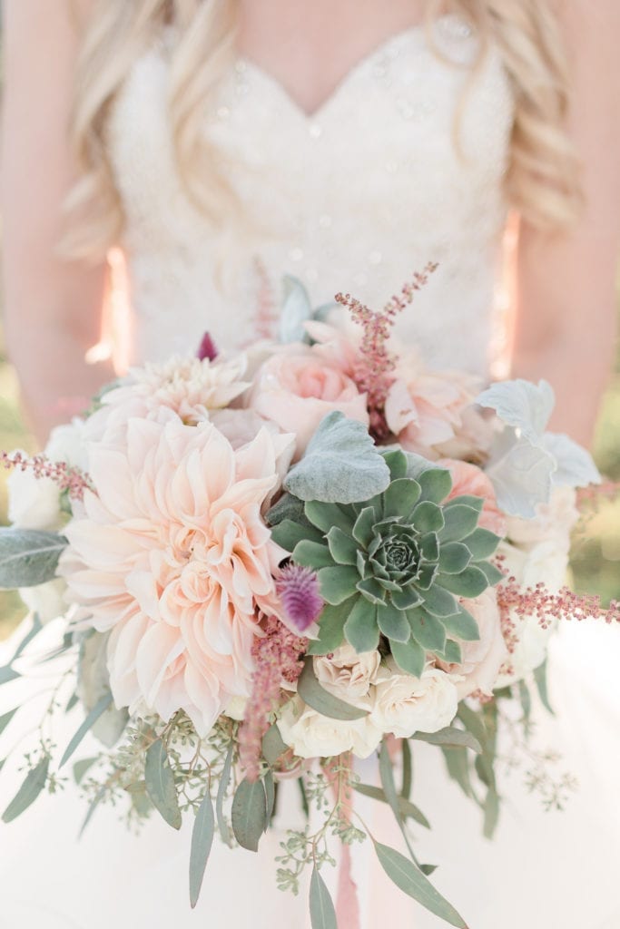 Blush and peach with succulents bridal bouquet wedding at Stone Manor Country Club