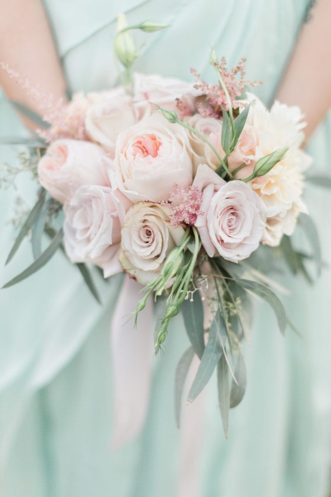 blush peach and mint bridesmaid bouquet wedding at Stone Manor Country Club