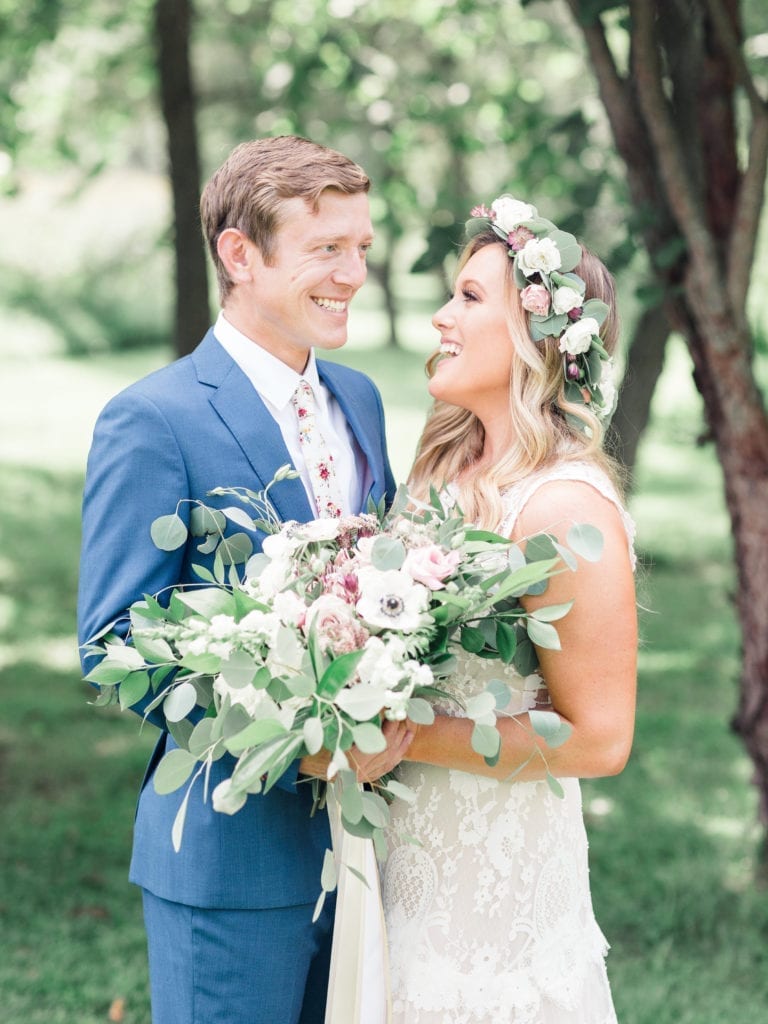 bohemian blush and blue bridal bouquet at Glen Ellen Farm
