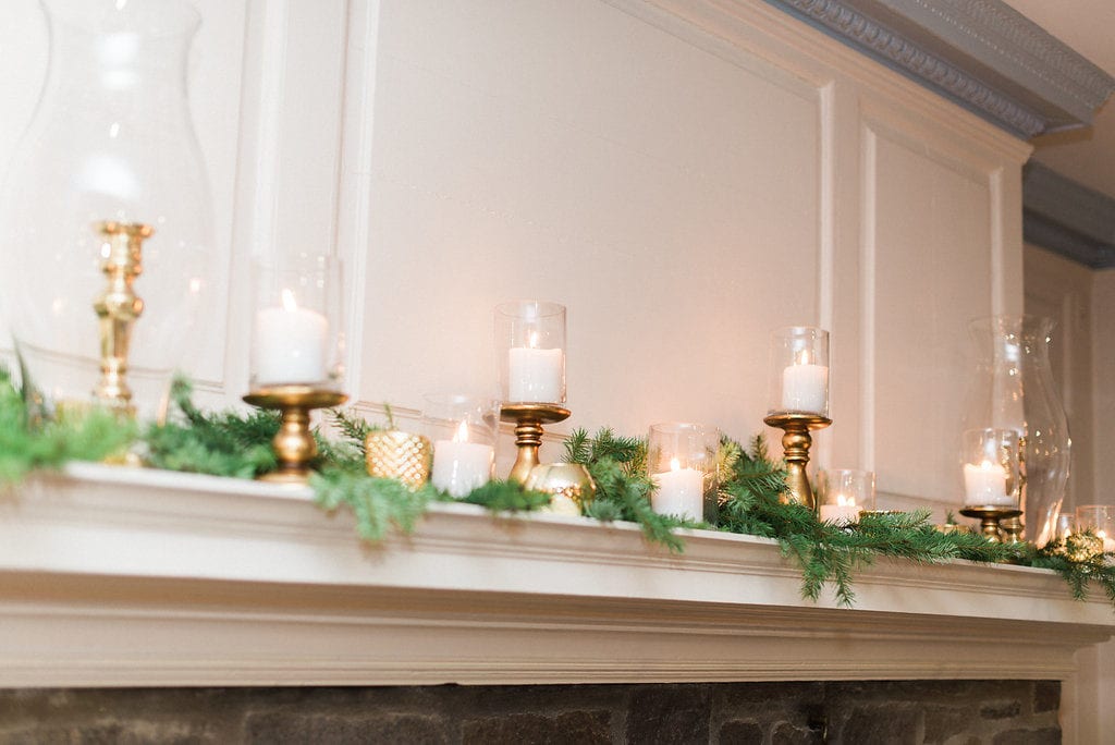 winter wedding, white and gold mantle, evergreens