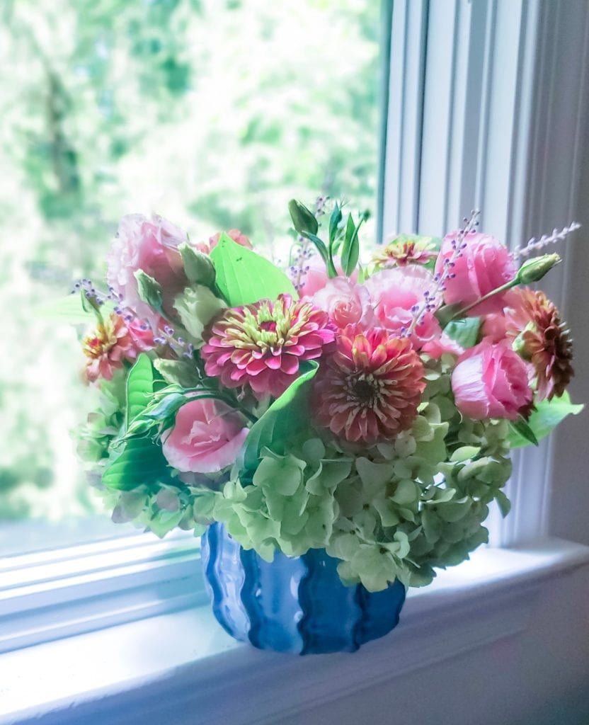 pink and green floral arrangement with all local maryland grown flowers