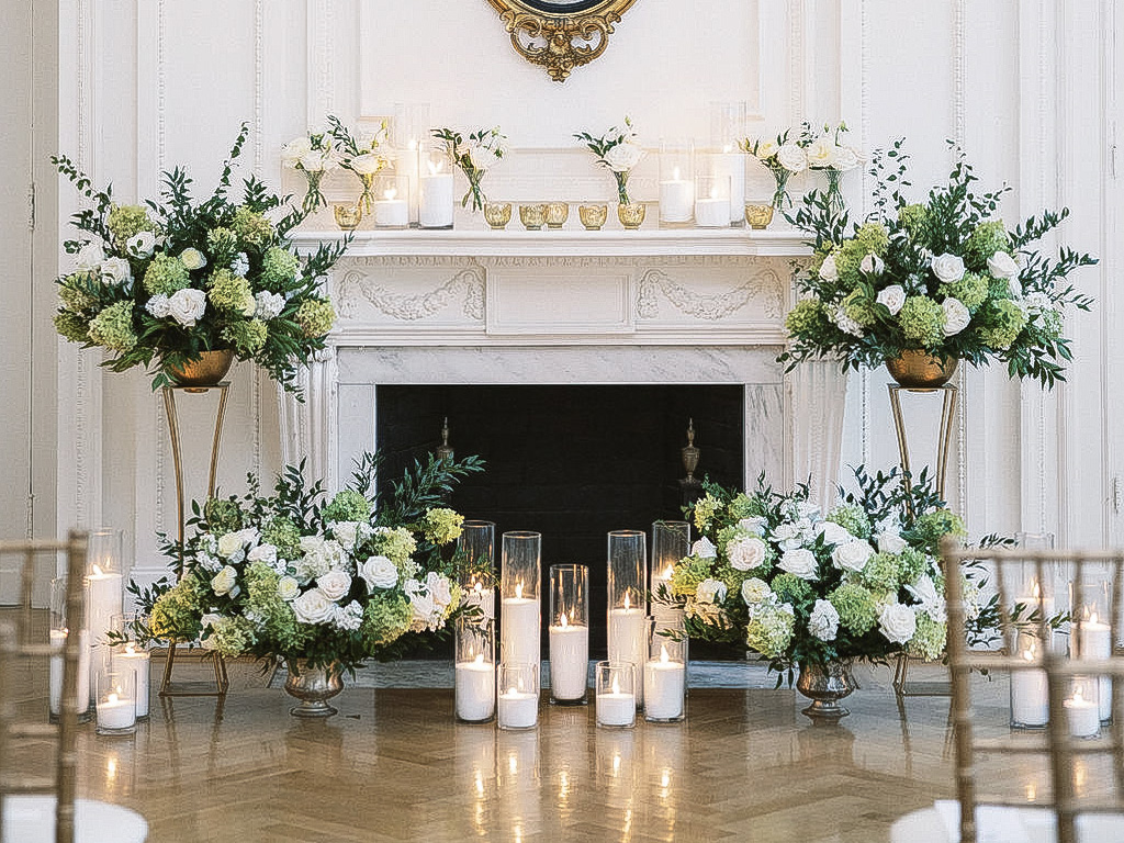 Indoor Wedding Ceremony Mantle at DAR Constitution Hall with white and green florals and candles