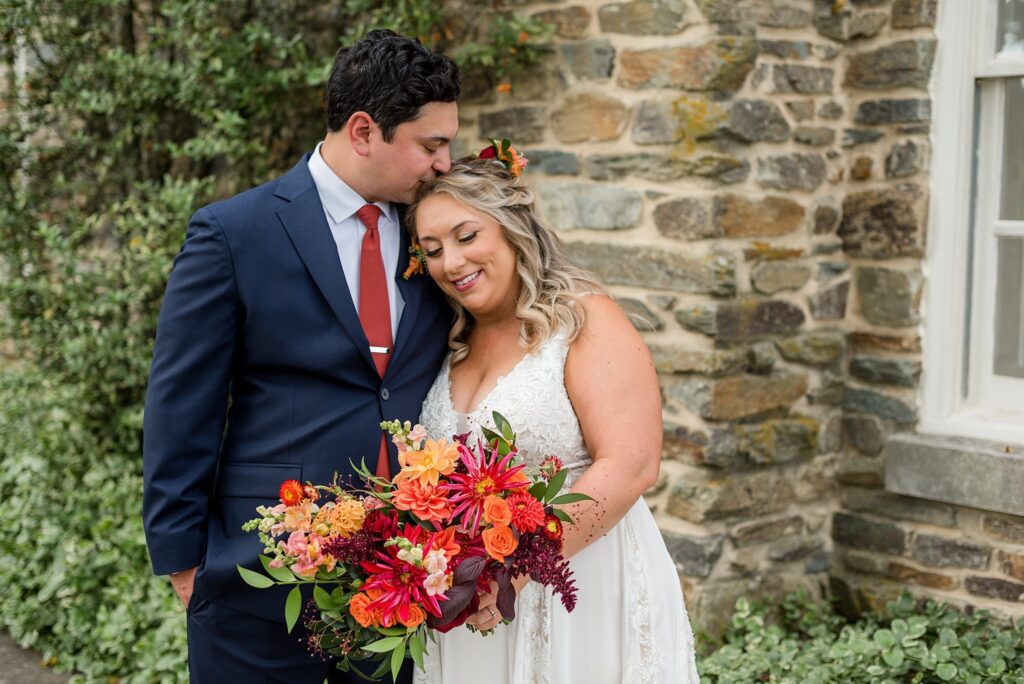fall bridal bouquet with burgundy and orange dahlias, Sweet Collections wedding flowers